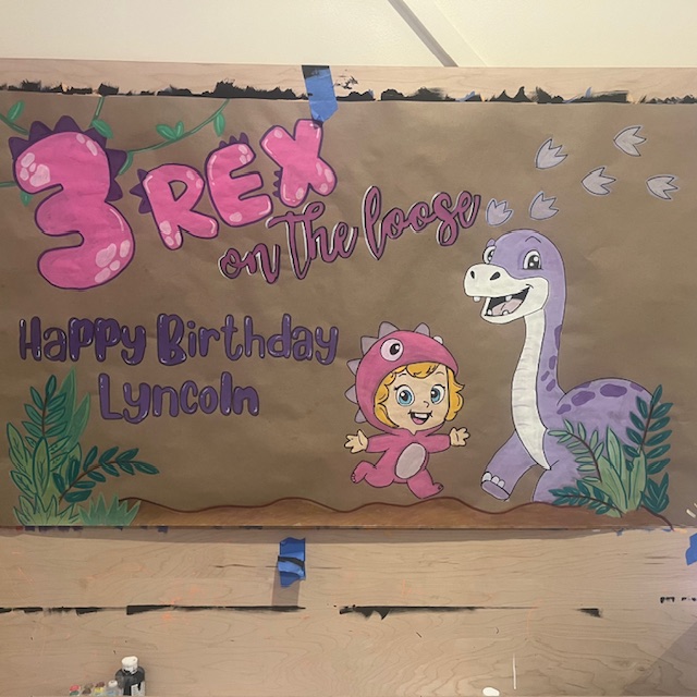 Hand-painted 3 Rex on the Loose dinosaur birthday banner for Lyncoln