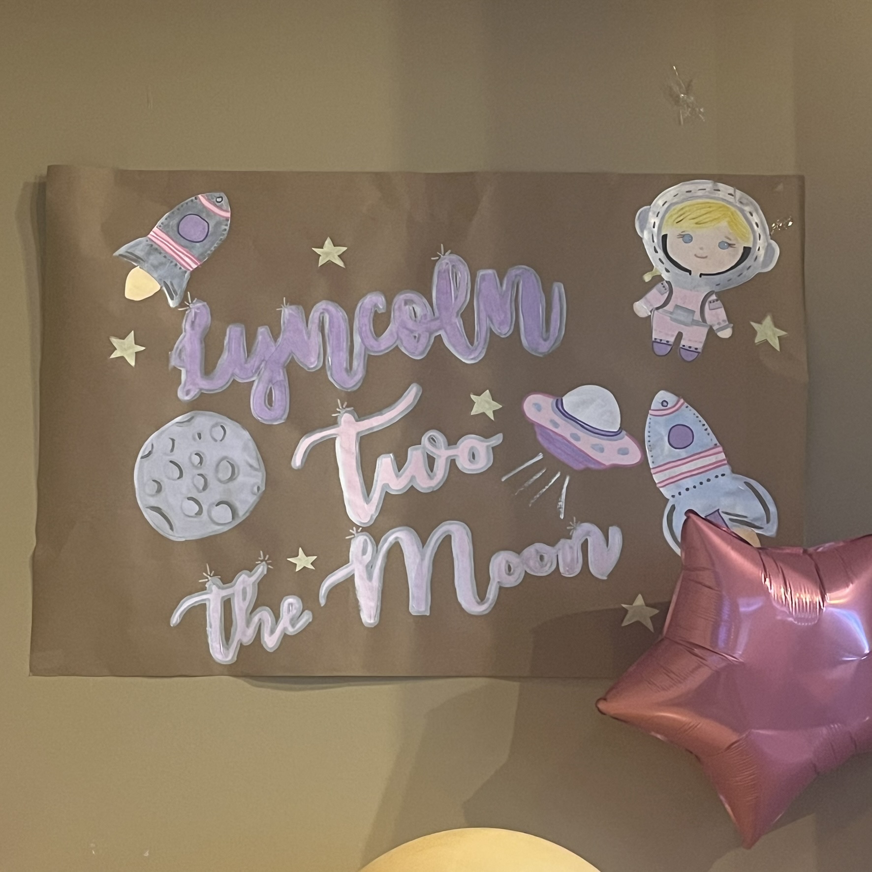 Lyncoln Two the Moon space themed hand-painted birthday banner