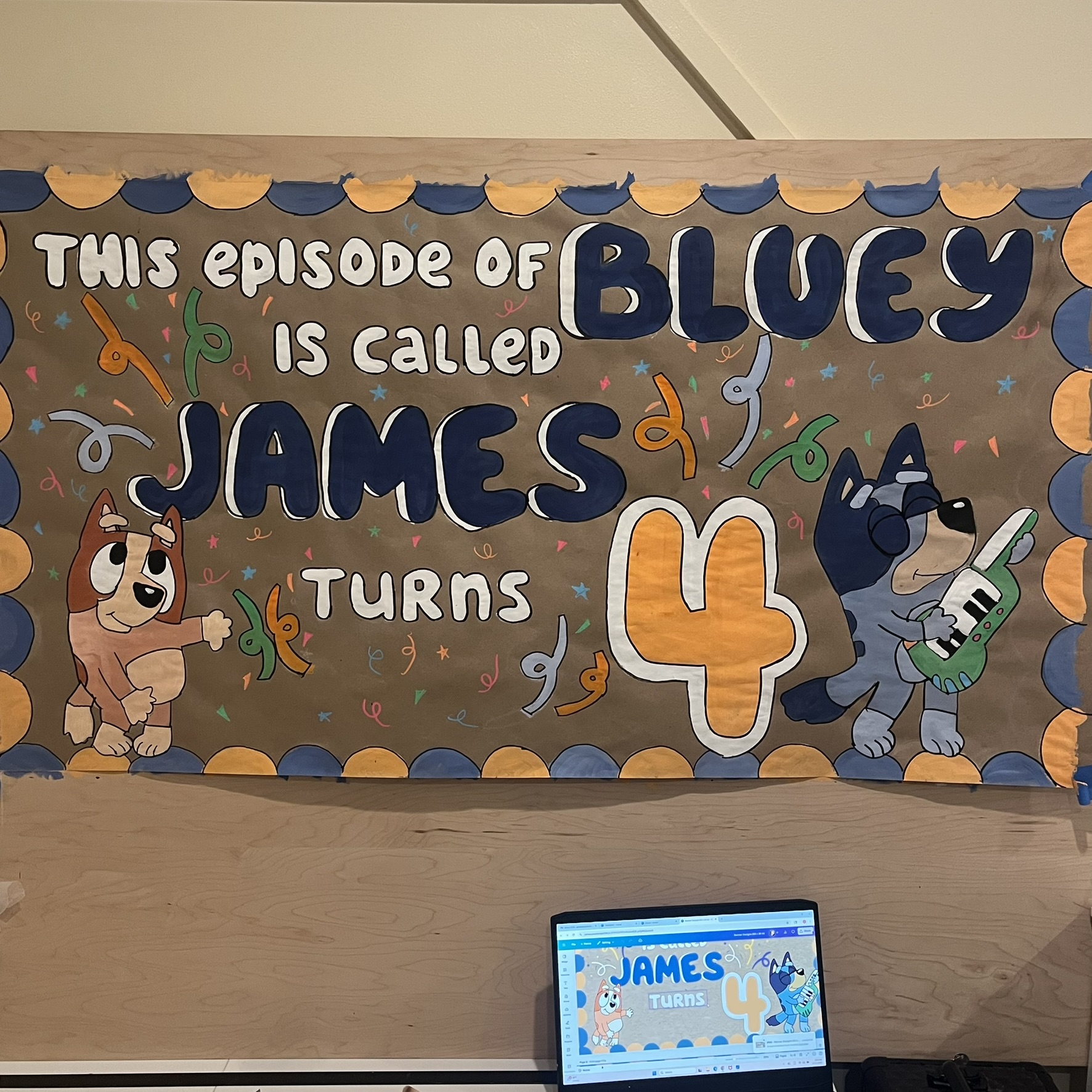 Bluey themed hand-painted birthday banner for James turning 4