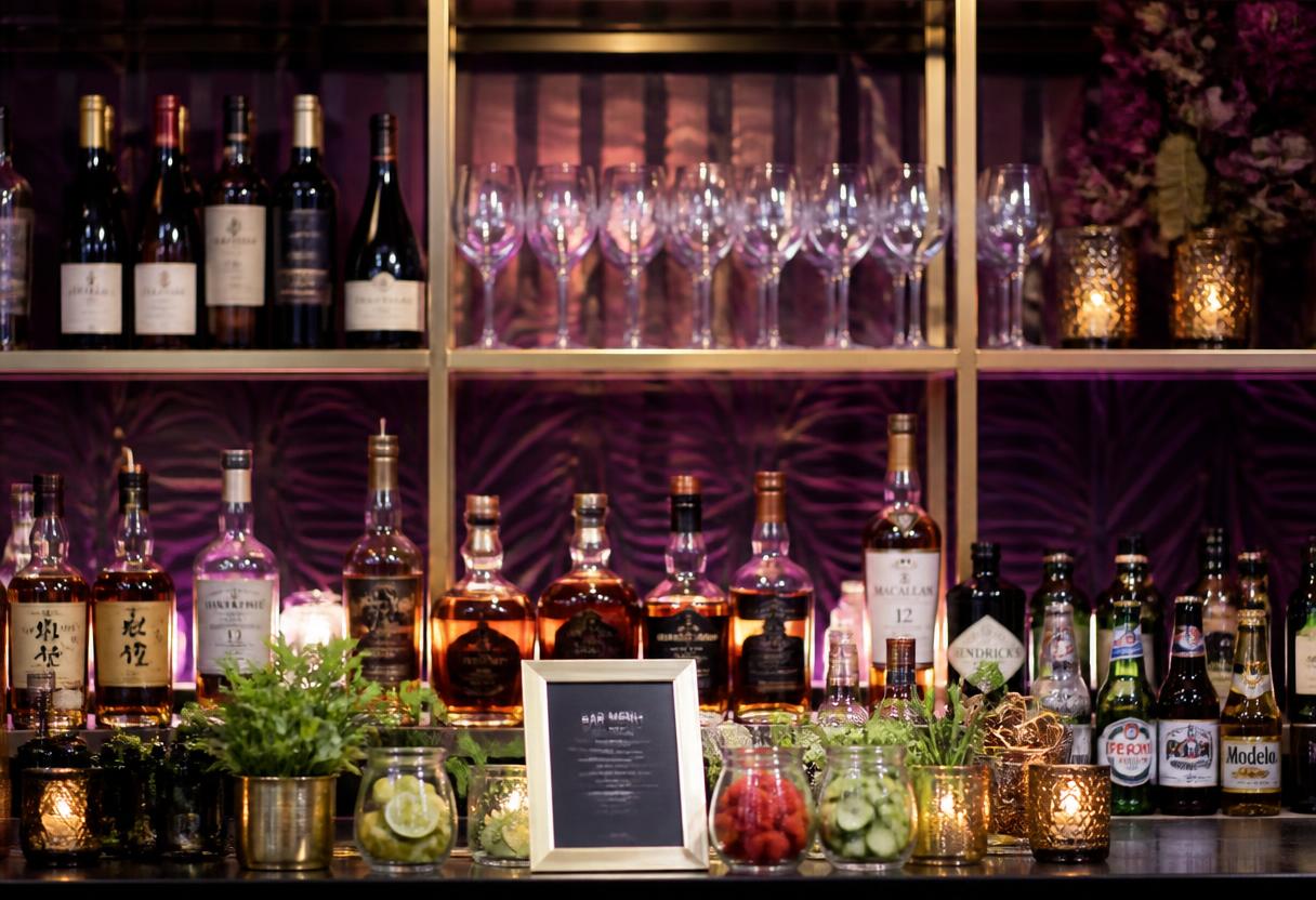Backlit bar shelf stocked with premium liquor, wine, beer and fresh garnishes