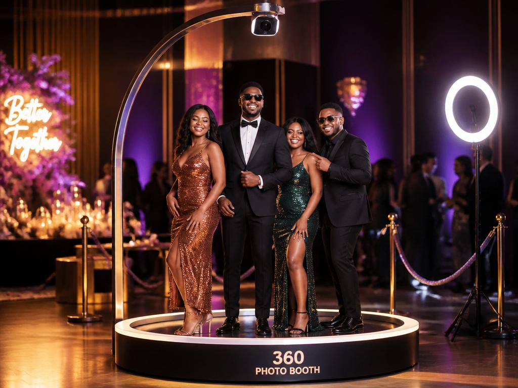 360 photo booth with guests on a rotating platform