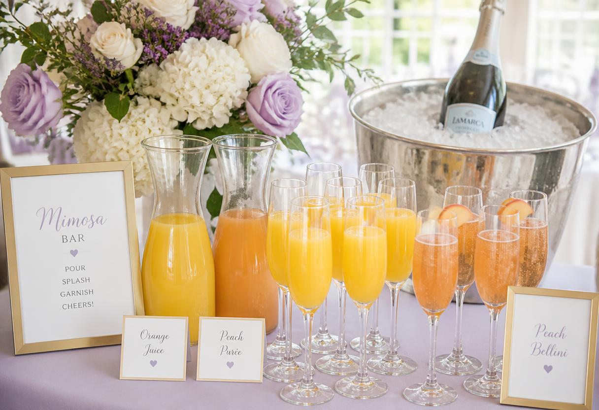Mimosa and bellini bar with prosecco on ice at a brunch event