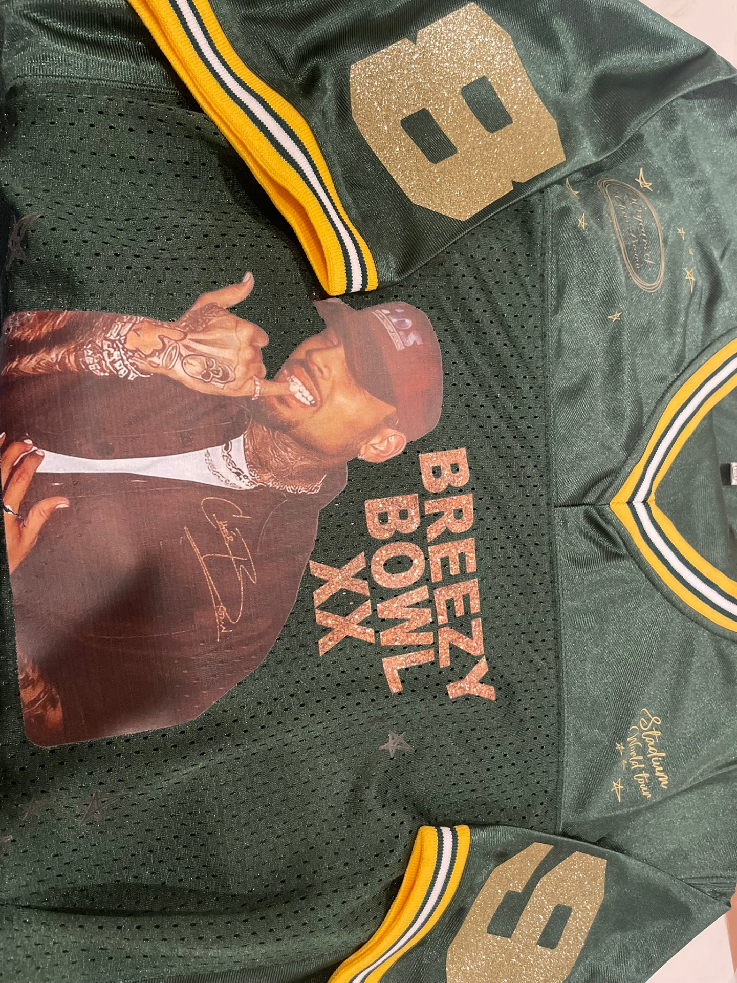 Custom green and gold Breezy Bowl XX Chris Brown jersey