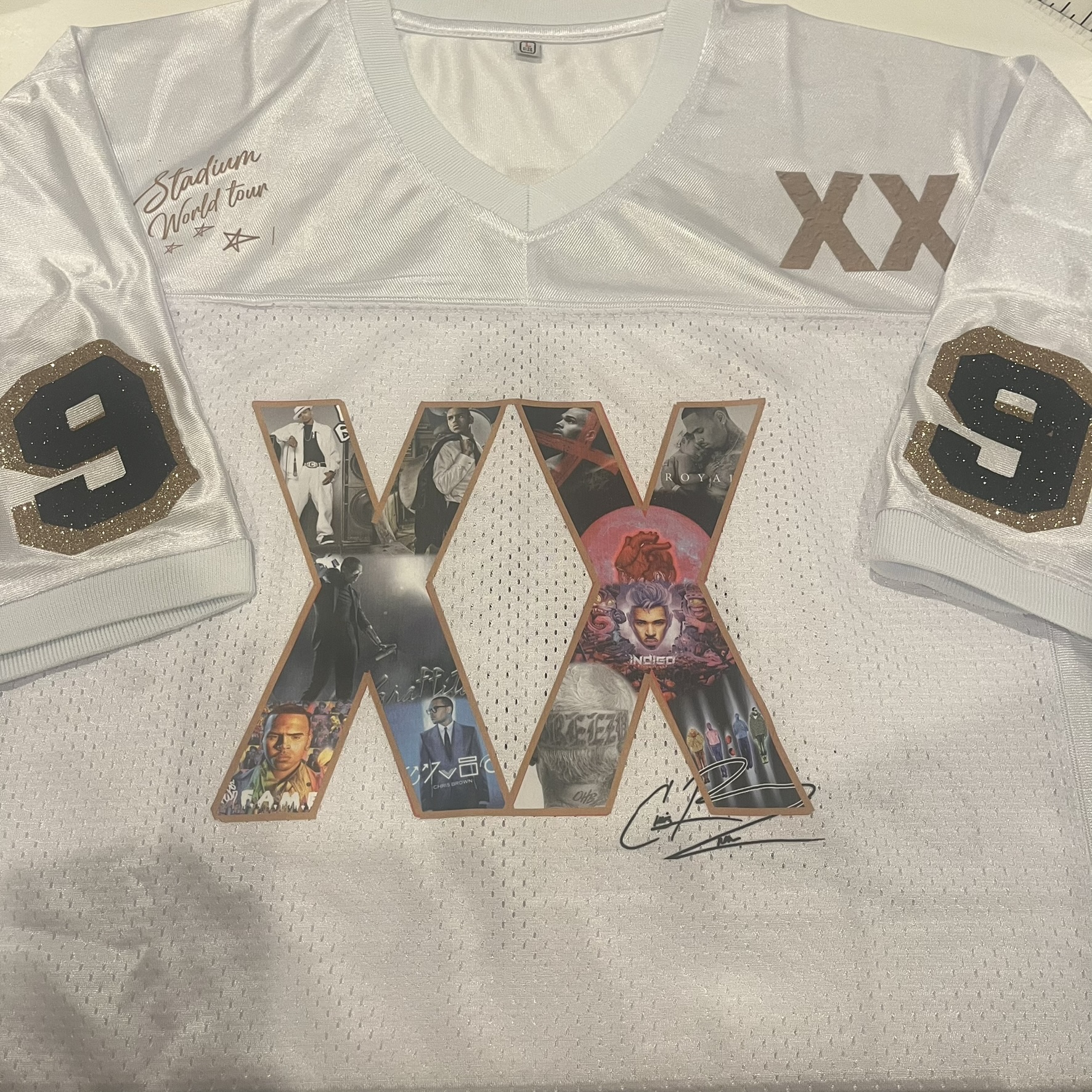Custom white Breezy Bowl XX jersey with album cover collage