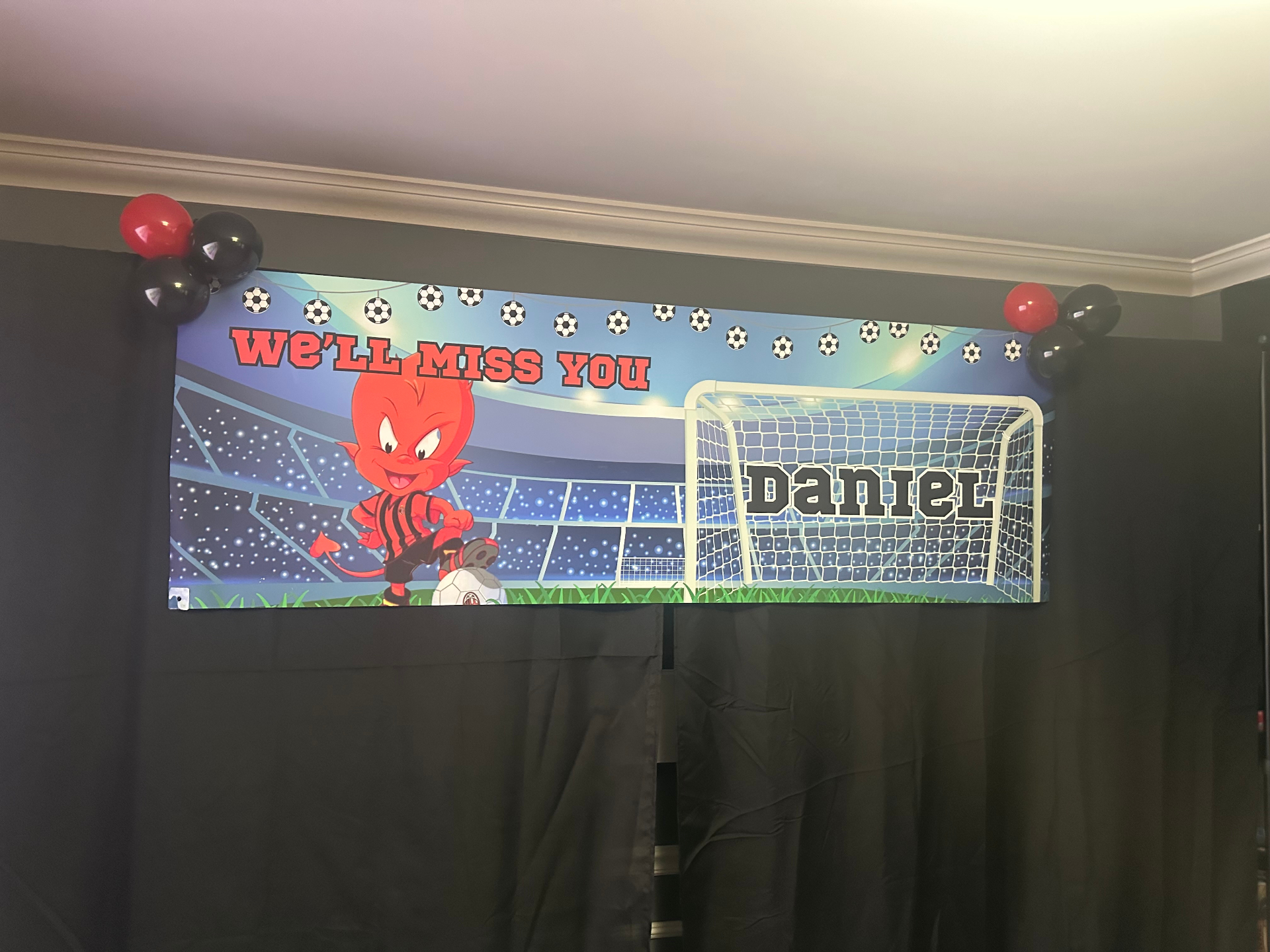 Soccer themed custom banner with balloons
